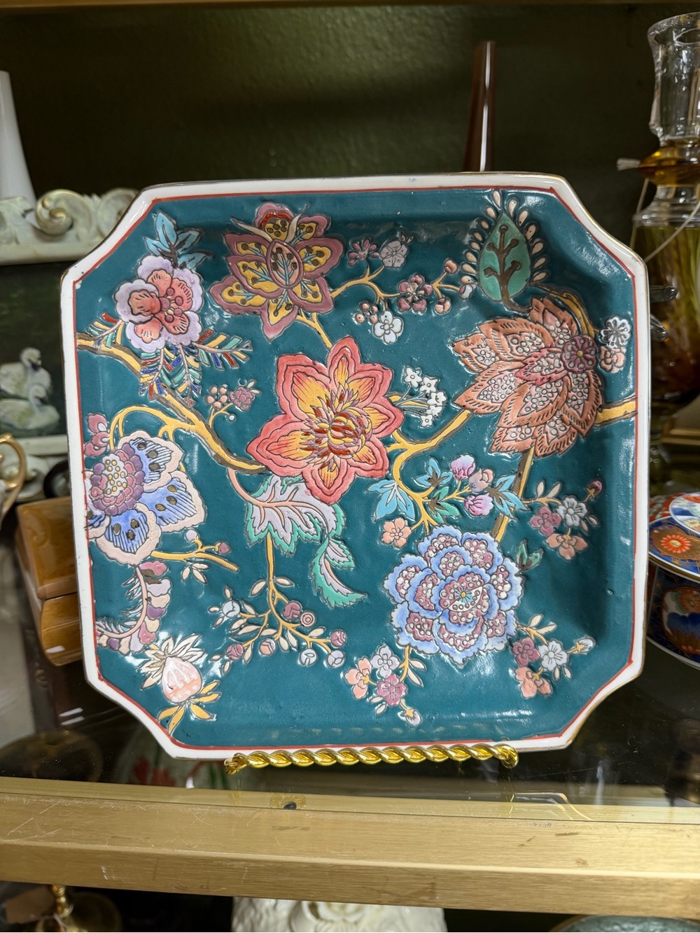 Vtg Chinoiserie Teal Floral Decorative Plate